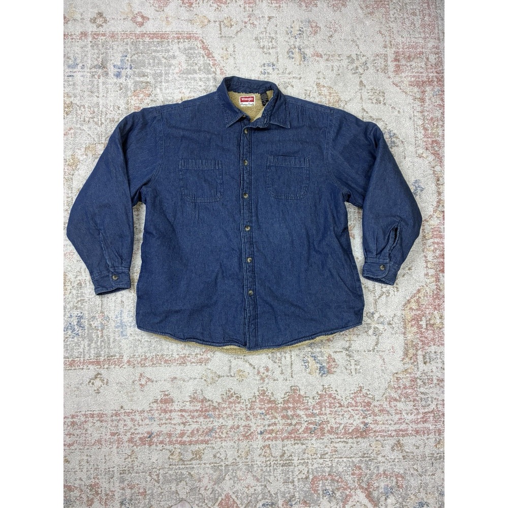 Wrangler Sherpa Lined Denim Shirt Jacket Blue Jean Trucker Shacket Coat Men's XL